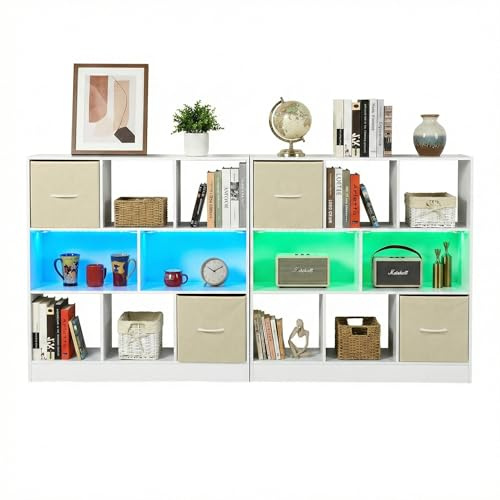 Bücherregal 2 er set,Kleines Regal Bücher Holz,Kinder Raumteiler Regal Schrank mit 2 schubladen aus Vliesstoff 8 Fächern Lichtleiste,für Wohnzimmer Schlafzimmer Kinderzimmer Büro,Weiß,97x30x100cm