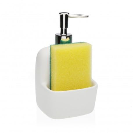 Liquid Soap Dispenser in Polished Ceramic with Sponge Holder Compartment and Chrome Pump - Modern Dispenser for Bathroom and Kitchen, Also Ideal for Dishwashing Detergent (White)