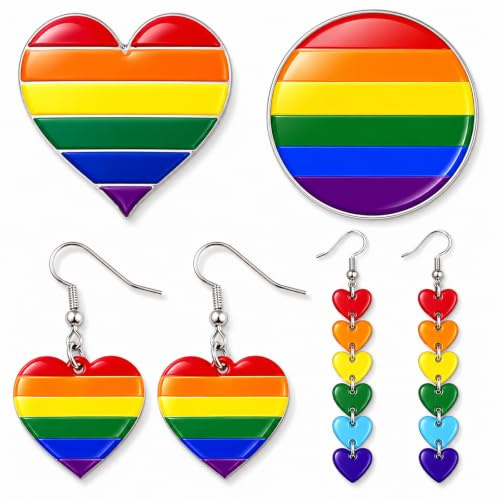 Pride Accessoires Set: 2 Regenbogen Pins & 2 Regenbogen Ohrringe | Bunte Pride Pins Aus Acryl & Lgbtq Pin Schmuck, Lgbtq Accessoires Für CSD, Pride Outfit Damen, Festivals & Alltag