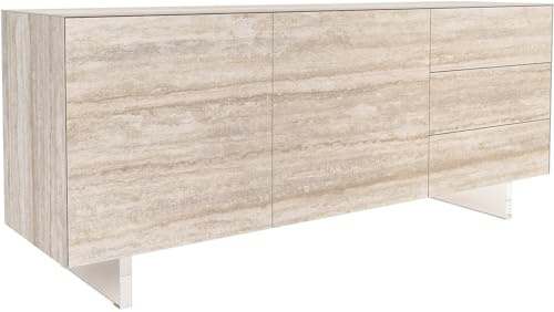 DELIFE Kommode Cuor Keramik Laminam® Travertino Bianco Creme-Weiß 180 cm 2 Türen 3 Schubfächer Fuß Schwebeoptik Acrylglas Sideboard