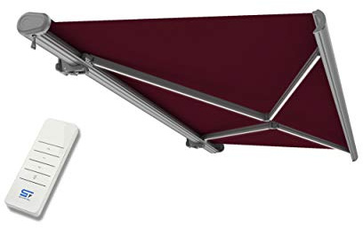 Schartec Premium Kassetten Markise elektrisch mit LED Beleuchtung Kassettenmarkise motorisierte Gelenkarmmarkise bis 350 x 250 cm Farbe dunkelrot