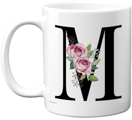 Stuff4 Personalised Monogram Mug, Elegant Floral Initial M Design | Feminine Botanical Roses Gift, 11oz Ceramic Gloss Mug