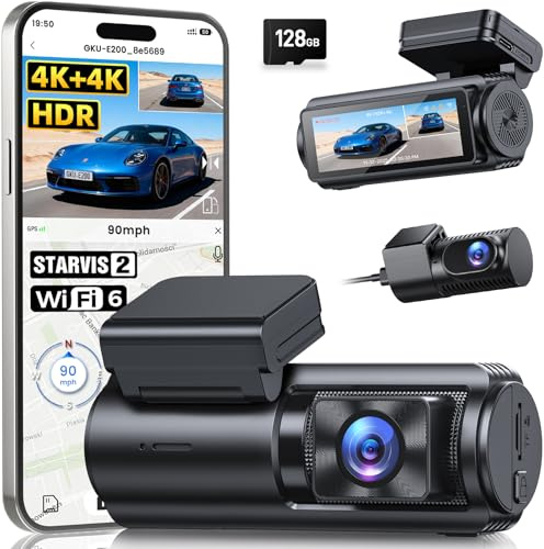 GKU 4K+4K Dashcam Auto Vorne Hinten mit STARVIS 2 Sensor, HDR Nachtsicht | 128GB SD-Karte, WiFi6 20 MB/s , Aufnahme vor dem Aufprall, Sprachsteuerung & GPS, 24H Parküberwachung