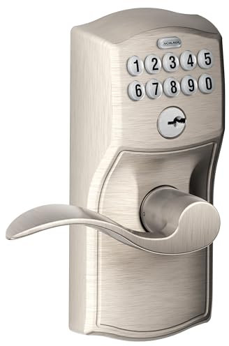 SCHLAGE FE595CAM619ACC Camelot Keypad Entry with Flex-Lock and Accent Lever, Electronic Keyless, Satin Nickel, FleXLock