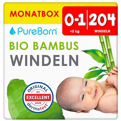 PureBorn 204 Windeln Größe 1 (0-5 kg) – Ultra-Saugfähig, Hypoallergen, Weich & Sanft für Neugeborene (0-3 Monate) – Dermatologisch Getestet, Auslaufsicher, Umweltfreundlich aus Bambus