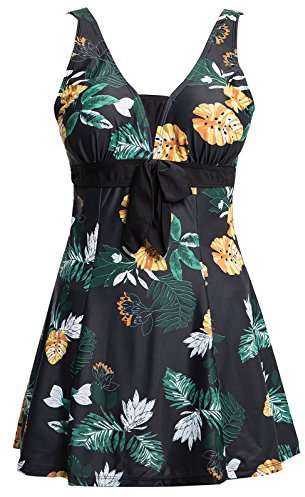 ECUPPER Ladies One Piece Swimdress Plus Size Bathing Suit Beachwear Swimming Costume Dress with Boy Shorts Black Flower 4XL