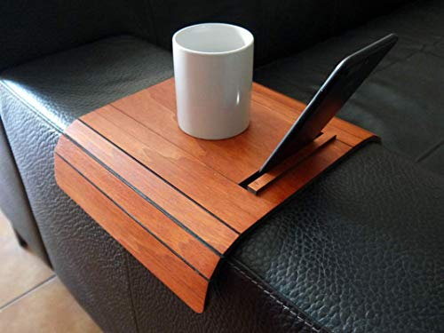 Mini tavolino laterale da bracciolo divano in legno con supporto smartphone e tablet personalizzabile ciliegio Piccolo vassoio colorato lato poltrona per salotto moderno Tavolini soggiorno