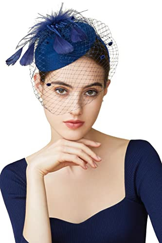 Coucoland Fascinators 1920 Fascinator Hut Damen Feder Blumen Mesh Elegant Hochzeit Fascinator Haarreif Cocktail Tee Party Accessoires (Dunkelblau)