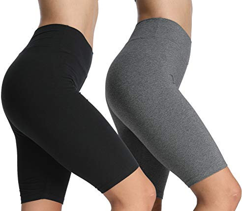 4How Damen Kurze Leggings – Blickdicht, Elastisch, Atmungsaktiv – Ideal für Sport, Radfahren, Yoga und Freizeit Schwarz + Grau M