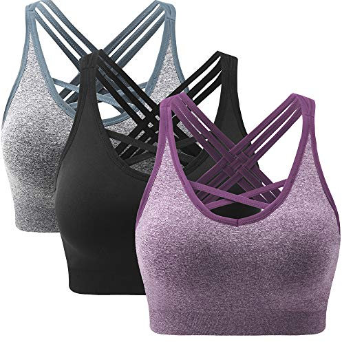 ANGOOL Damen Sport BH ohne Bügel Gepolstert Yoga Bra Kreuz Rücken Sport Bustier für Jogging Fitness , Schwarz+grau+violett , M