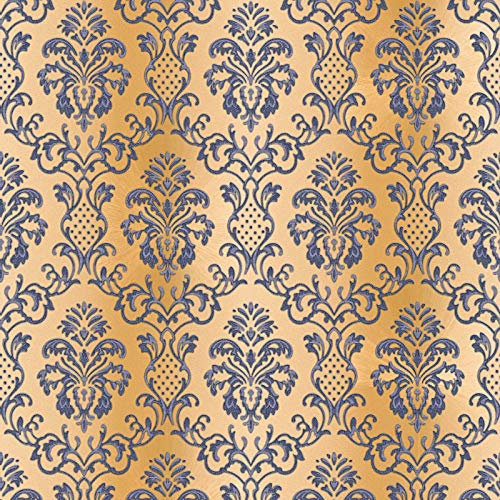 Neobarock Tapete gold blau grau | Wohnzimmer und Esszimmer Vliestapete mit Ornamenten | Goldene Barock Wandtapete mit Vinyl