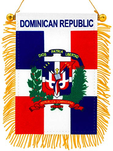 Anley 4 X 6, la bandera colgando de la ventana de la República Dominicana - Bandera mini y decoración de espejo retrovisor - Flecos y doble cara - Bandera dominicana de vista trasera con ventosa
