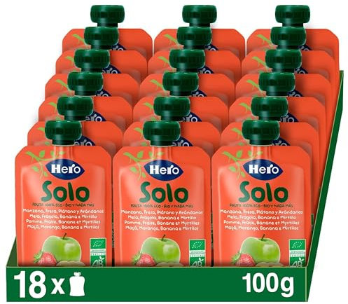 Hero Solo - Gourde Bio De Pomme, Fraises, Banane et Mirtylles- Puree de Fruits BIO 100% Naturels, Compote Sans Sucre Ajouté - pour Bébés Dès 4 Mois - Lot de 18 x 100 g