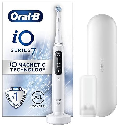 Oral-B iO7 Electric Toothbrushes For Adults, App Connected Handle, 1 Toothbrush Head & Travel Case, 5 Modes with Teeth Whitening, White