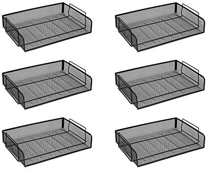 OSCO Wiremesh Stackable Letter Tray Landscape, Scratch-Resistant Metal Desk File Organiser for A4 & Foolscap Paper, Side-Load Design, High-Density, 6 Pack, Black