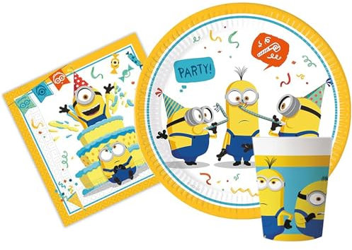 Isola Party Kit Festa di Compleanno Minions per 24 Persone Eco-Friendly (24 Piatti ⌀ 23 cm, 24 Bicchieri 250 ml, 32 Tovaglioli 33x33 cm)