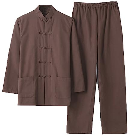 Chinois Traditionnel Manches Longues Tang Costume Kung Fu Uniforme Chemise pour Hommes Kung Fu Veste Pantalon, Coton Pur Tai Chi Uniforme, Hanfu Kung Fu Wing Chun Ch Coffee-XL