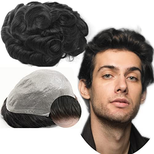 Toupee for Men Yanahair Wavy Hair Pieces Mens Toupee Human Hair Replacement System 100% European Real Human Hair Hairpieces Hair System 0.04mm Soft Thin Skin PU V-loop (#1 Jet Black, 8x10)