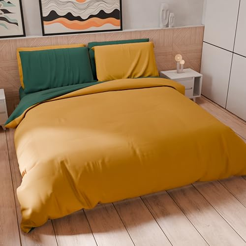 PETTI Artigiani Italiani - Double Duvet Cover, Microfibre Duvet Cover and Pillowcases, Bicolor Emerald Green/Ochre Yellow, 100% Made in Italy