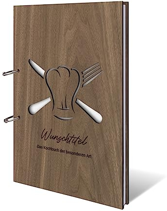 Personalisiertes Kochbuch echtes Holz DIN A4 Rezeptbuch zum selber Ausfüllen mit Lasergravur - Kochmütze - mit 72 Blatt / 144 Seiten Naturpapier Weiß