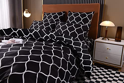 Parure de lit 240x260 Blanche Noire Adulte 2 Personnes Satin Sets de Housse de Couette Ensembles Literie Modern Noir et Blanc Linge de Lit avec Fermeture éclair et 2x 65x65cm Taies d'oreiller