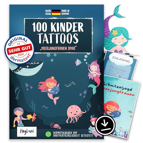 100 Hautfreundliche Temporäre Kindertattoos — Dermatologisch getestet - Meerjungfrauen-Themen für Kinder - Einfach anzubringen und zu entfernen - langlebig & sicher - Made in Germany - Mermaid Theme