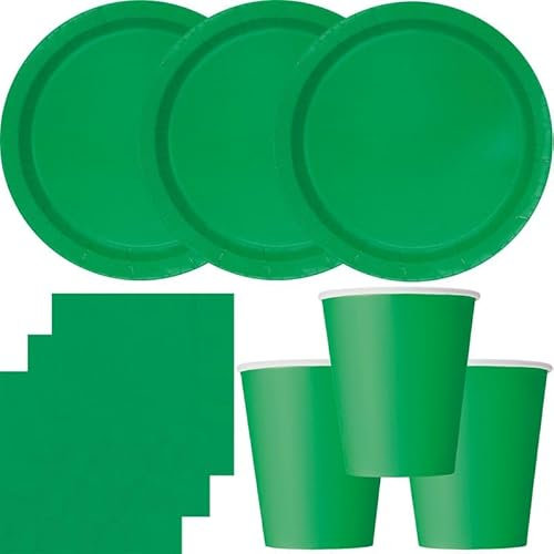 Set di stoviglie usa e getta per 14 persone, piatti, bicchieri, tovaglioli, verde scuro