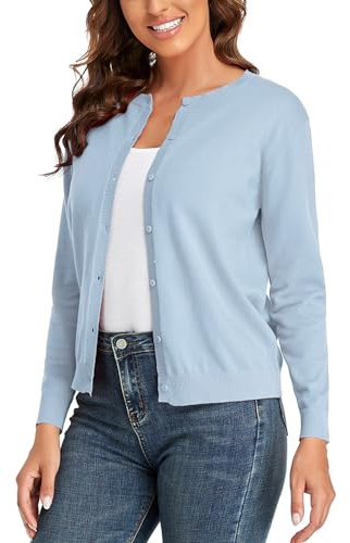 CUNYI Gilet Femme, Chandail Tricot avec Boutons pour Femme, Pull Veste Cardigan Col Rond Manches Longues Classique, Bleu XXL