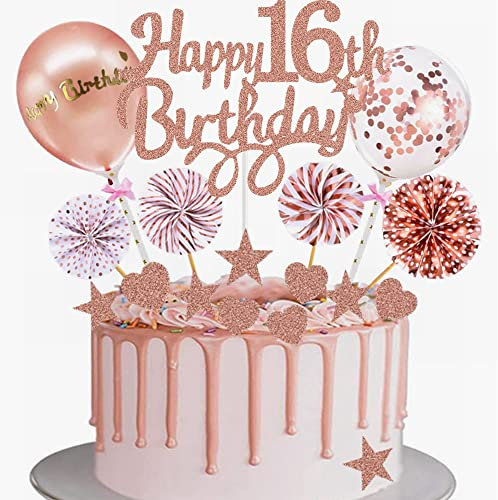 Yunchu Online Tortendeko 16. Geburtstag Mädchen - Happy 16th Birthday Cake Topper Roségold - Kuchen Topper 16 Jahre - Kuchendeko Cupcake Toppers