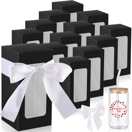 Fulmoon 36 Sublimation Glass Cup Box with Ribbon Thank You Tumbler Cup Gift Wrap, Shipping Blank Sublimation Gift Box for 12 16 18 oz Wedding Birthday Party Souvenirs Drinking Glasses(Black)