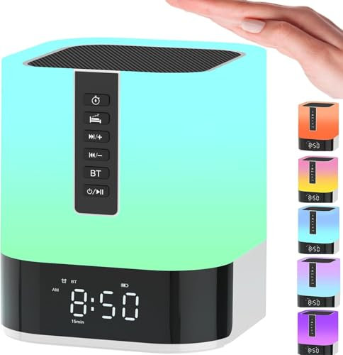 Night Light Bluetooth Speaker, White Noise Machine with 16 Soothing Sounds, Digital Alarm Clock, Dimmable Bedside Lamp with 48 Colour Changing Lights, Gifts for Kids Teenage Boys Girls 10-18 Year Old