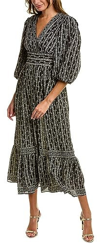 Max Studio Women's 3/4 Puff Sleeve V-Neck Maxi Dress, Black/Ivory Acorn Climber, S