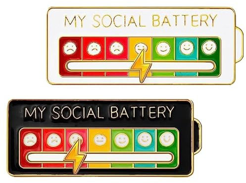 AZWOOD Stimmung Pin Badge 2pcs Social Battery Badges Emaille Pin Fun Social Battery Brosche Badge Lustige Soziale Stimmung Brosche Pins für 7 Tage Niedlich Kreativ Ausdruck Pin Brosche Männer
