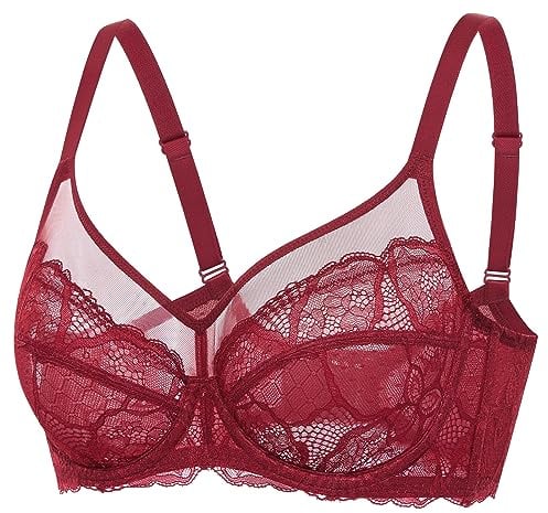DOBREVA Women's Lace Full Coverage Minimiser Bra | Unlined, Underwire, See Through, Sheer, Plus Size
