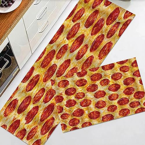 EKSED Küchenteppiche 2 Stück, Rutschfestes Küchenmatten,Peperoni-Pizza-Essen,Wasser aufnehmen KüchenMatt Fußmatte Teppich Set, Fußmatte für Drinnen,40x60+40x120cm