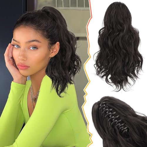 BARSDAR Pferdeschwanz Extension, 35 CM Klaue Clip Kurzes Gewellt Lockig Pferdeschwanz Haarverlängerung Dunkel Braun Haar Dicker Weich Synthetik Haarteil Haarextension Mädchen(Dunkel Braun)