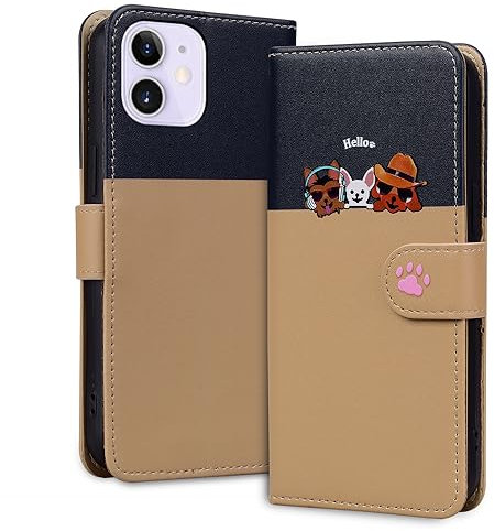 Tiyoo Lovely & Cute Flip Wallet Phone Case for iphone 12 mini with Cartoon Cat&Dog Pattern,Premium Magnetic PU+TPU Leather for high protection Phone Cover for iphone 12mini(Khaki)