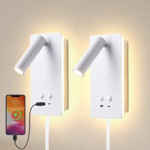 MOLUOLA LIGHTING LED Wandleuchte, Wandmontierte Leselampen Set von 2, Verstellbare Kopfteil Plug-in Wandleuchte mit USB C+A Ports, Kopfteil Nachttischlampe mit 9W+3W Nachtlicht 3000K (Weiß)