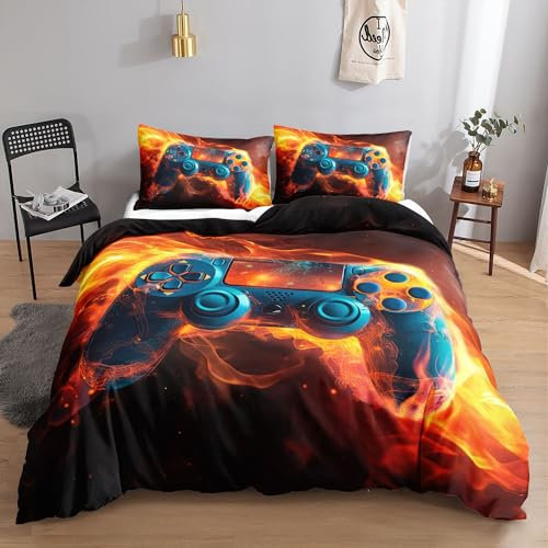 HOSIMA Bettwäsche-Set für Flammen-Gamepad für Erwachsene, Jungen und Mädchen,Flammen-Gamepad-Aufdruck, Bettbezug mit 2 Kissenbezügen (Flammen-Gamepad S)