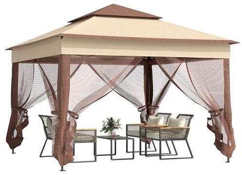 Outsunny 3 x 3(m) Pop Up Gazebo, Double-roof Garden Tent with Netting and Carry Bag, Party Event Shelter for Outdoor Patio, Khaki