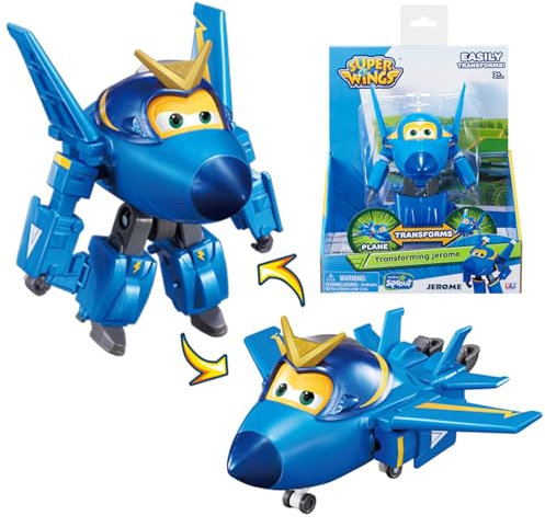 Super Wings Jerome Flugzeug, umwandelbares Spielzeug und Roboterfigur, Cartoon-Spielzeug für Kinder von 3 bis 8 Jahren, Jungen, Mädchen – 12 cm, Blau