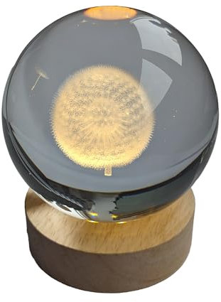 Pfronten Schmuck Hologramm Glaskugel (ca. 8 cm) Pusteblume inkl. Holz LED-Untersetzer (ca. 7 cm) 3D Kristallkugel Nachtlicht Stimmungslicht Lampe