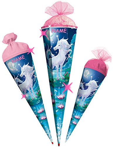 mit 3D Glitzer - Effekt ! Schultüte - Einhorn - Mondscheineinhorn - 22-85 cm - mit Holzspitze - rund - incl. Name - Filz Abschluß - Zuckertüte - Roth - ..