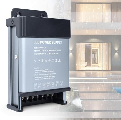 YOODI Trasformatore 220V 12V LED Alimentatore 12V 200W Ultra Sottile Trasformatore Impermeabile IP44 LED Driver AC 220V a DC 12V 16,7A Trasformatore LED Costante per Strisce LED, Lampada LED