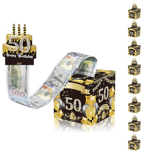 Geldgeschenke Überraschungsbox für Männer und Frauen - 50. Geburtstag Surprise Box, Schwarz-Gold DIY Geburtstag Geschenkverpackung mit Geldgeschenk und Happy Birthday Tortendeko