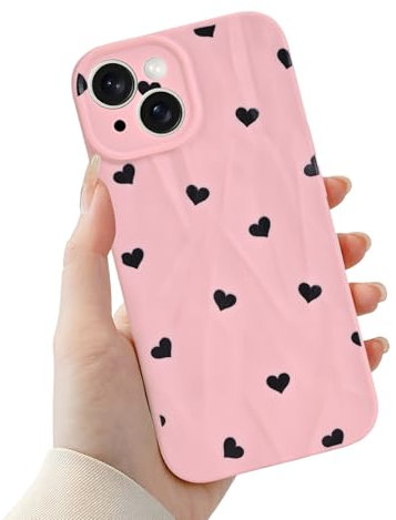 Newseego Phone Case Compatible with iPhone 15, Black Cute Love Heart Tinfoil Texture Design for Girls Women Soft Slim TPU Anti-Slip Shockproof Cover for iPhone 15-Pink