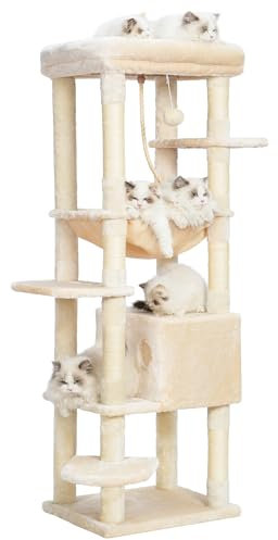 Heybly Arbol para Gatos, Altura 153 cm,con 7 Postes Rascadores, Plataformas, Cesta, Cueva, Hamaca, Pompones, Adultos Torre de Gatos Casita Juego para Mascota Beige HCT050M
