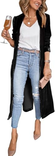 Women Velvet Blazer Jackets Long Velvet Duster Kimono Coat Open Front Velour Vintage Sweater (Black,M)