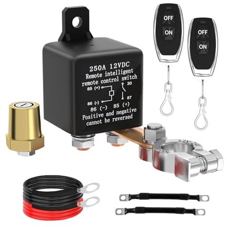 Lizbn 12V Interruttore Stacca Batteria Remoto Auto 12V 250A Interruttore Batteria Auto Prevenire lo Scarico Della Batteria con 2 Telecomandi Fobs Auto Interruttore di Uccisione Senza Fili
