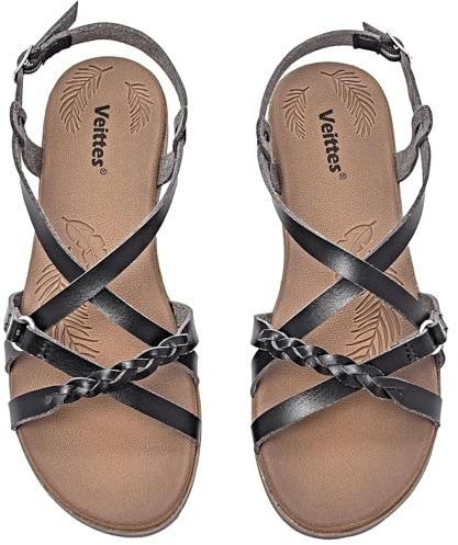 Veittes Sandales plates pour femmes, avec des bandes croisées en tressé et une sangle de cheville réglable, sandales d'été ouvertes à orteils à la mode,noir,41 EU,2207023